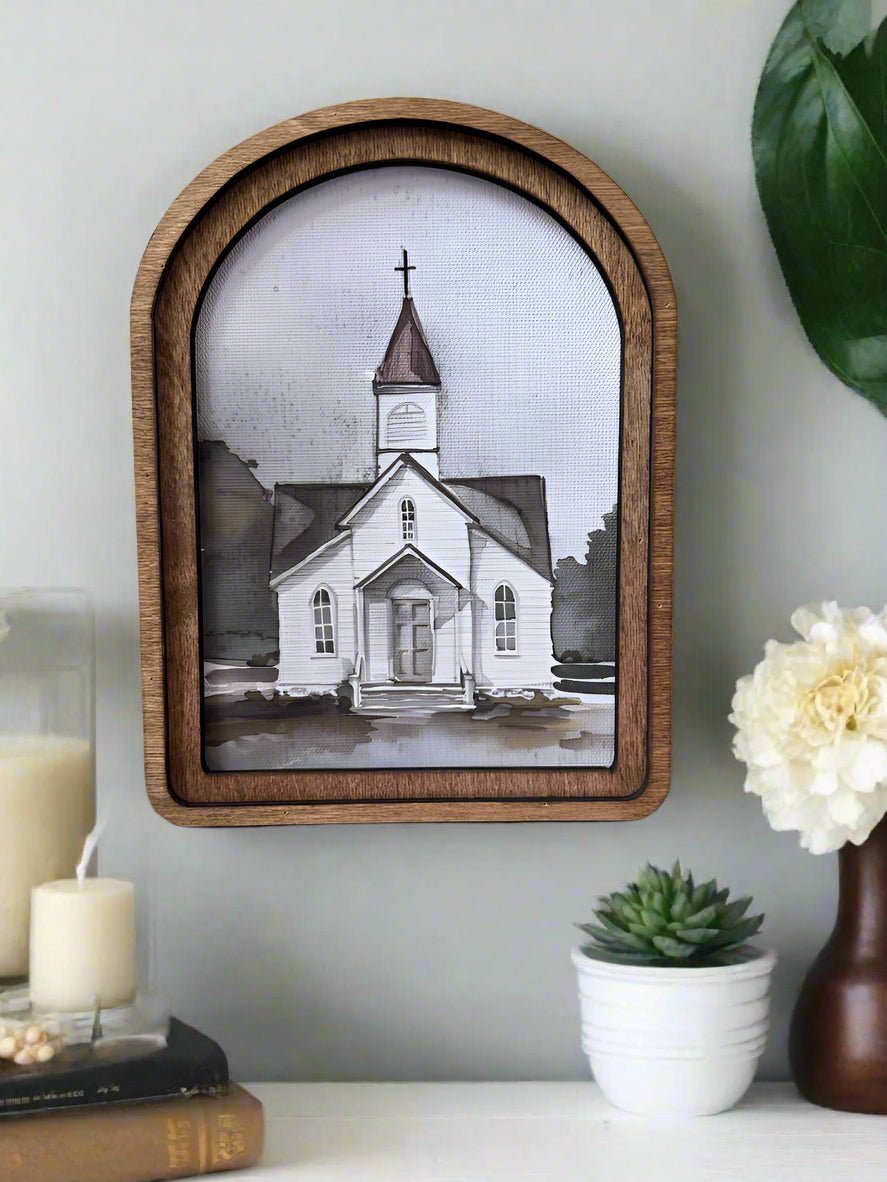 Handcrafted Retro 8" Canvas on Wood Primitive Watercolor Church Framed Art - The Primitive Pineapple Collection