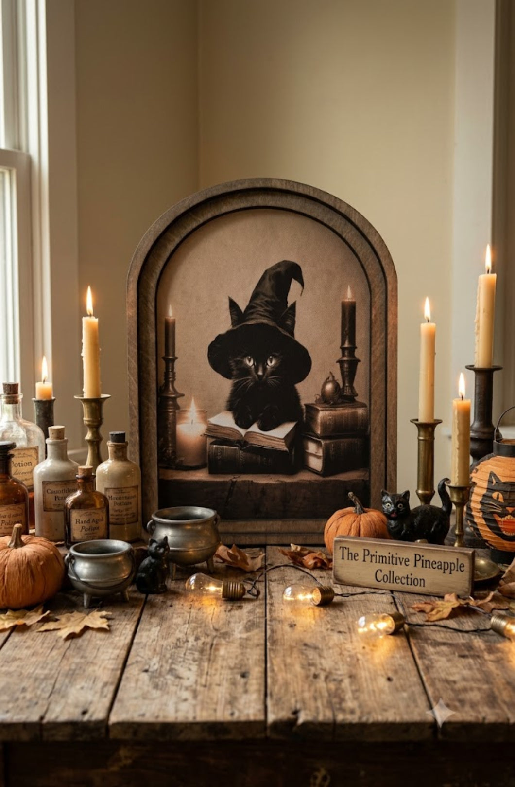 Handcrafted Retro 8" Canvas on Wood Arch Top Halloween Black Cat Witch Framed Art
