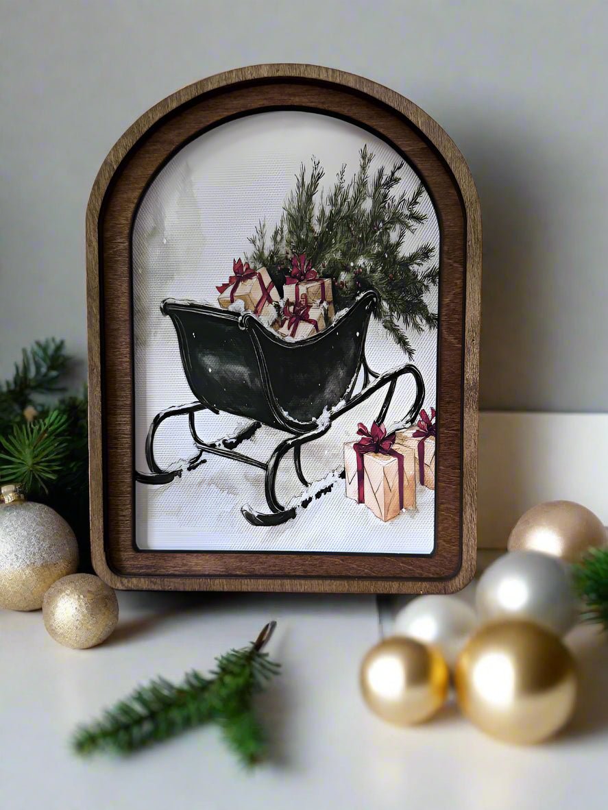 Handcrafted 8&quot; Canvas on Wood Christmas Arch Top Black Sleigh Framed Art - The Primitive Pineapple Collection