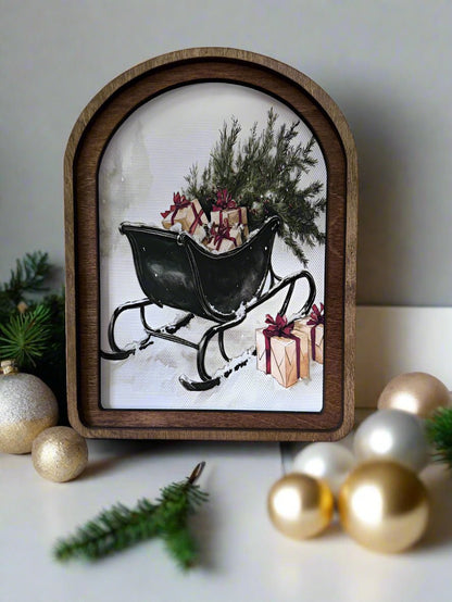 Handcrafted 8&quot; Canvas on Wood Christmas Arch Top Black Sleigh Framed Art - The Primitive Pineapple Collection