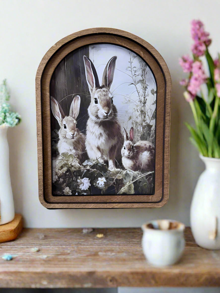 Handcrafted Retro 8&quot; Canvas on Wood Spring Easter Bunny Trio Framed Art