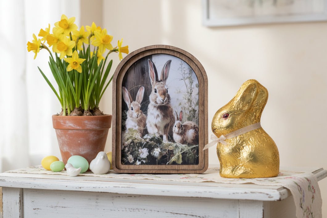 Handcrafted Retro 8" Canvas on Wood Spring Easter Bunny Trio Framed Art - The Primitive Pineapple Collection