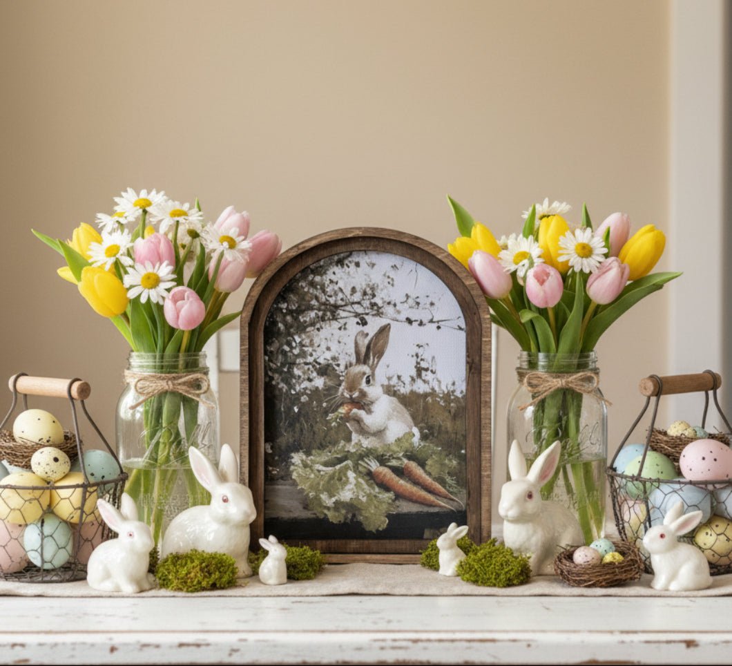 Handcrafted Retro 8" Canvas on Wood Spring Easter Bunny w/ Carrots Framed Art - The Primitive Pineapple Collection