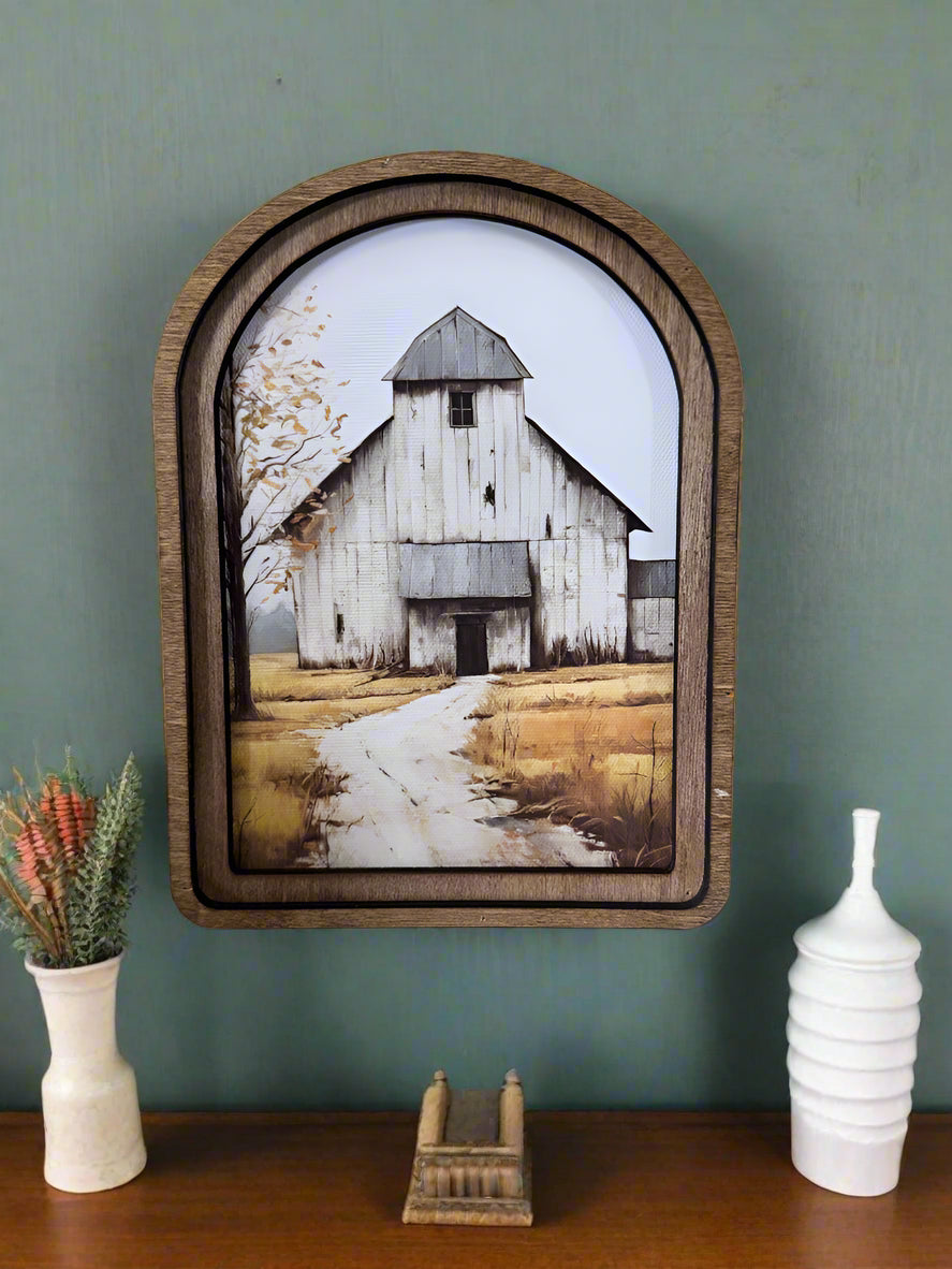 Handcrafted Retro 8&quot; Canvas on Wood Colonial Barn Framed Art