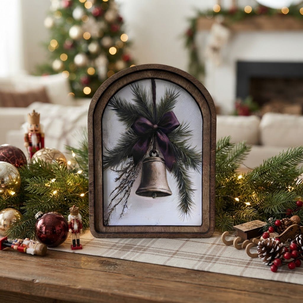 Christmas Bell Arch-Top Framed Canvas Art, 6" x 8" - The Primitive Pineapple Collection