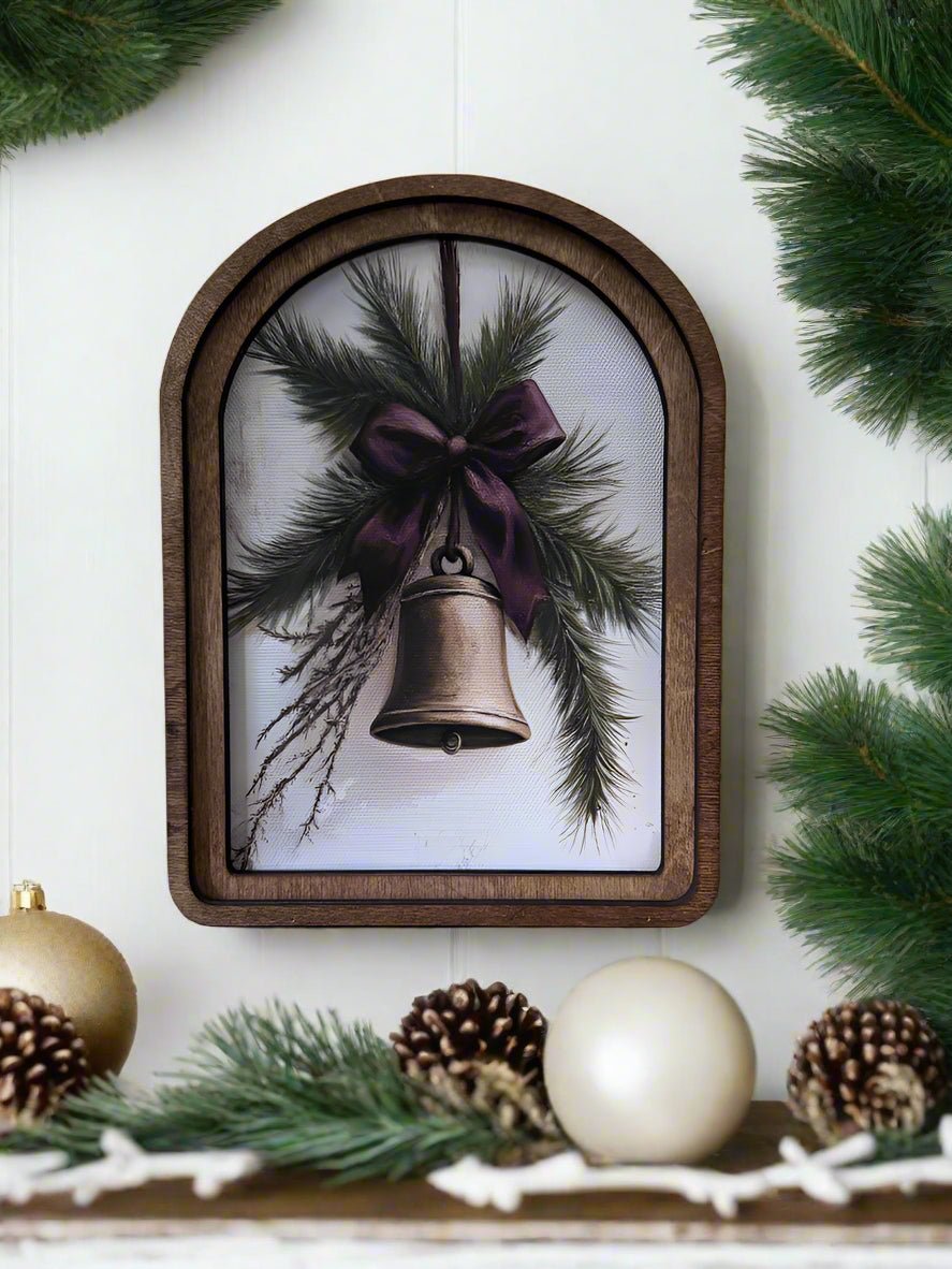 Handcrafted 8&quot; Canvas on Wood Christmas Arch Top Christmas Bell Framed Art - The Primitive Pineapple Collection