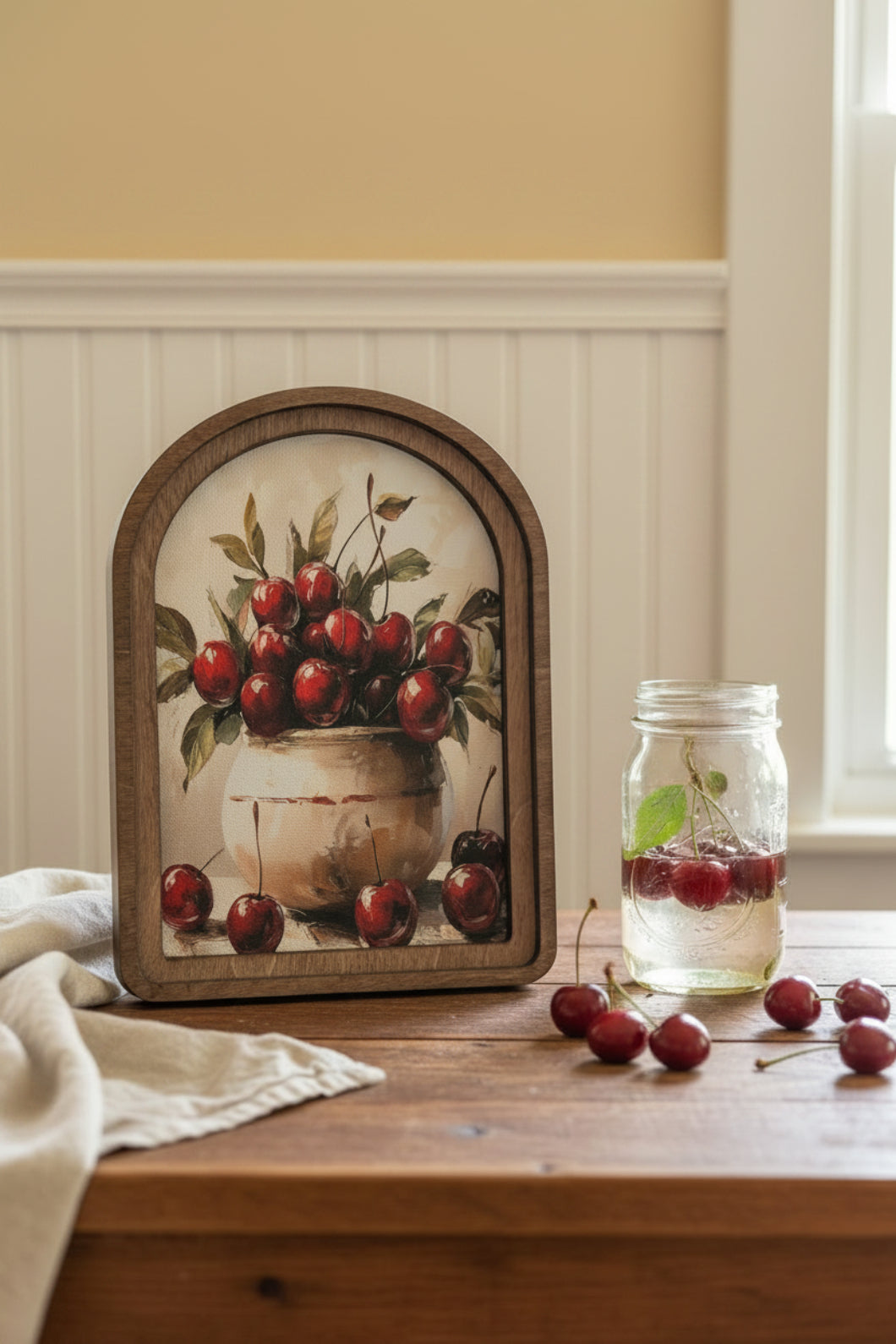 Handcrafted Arch Top Fresh Cherries Framed Canvas Art | Primitive Folk Art | 6x8"