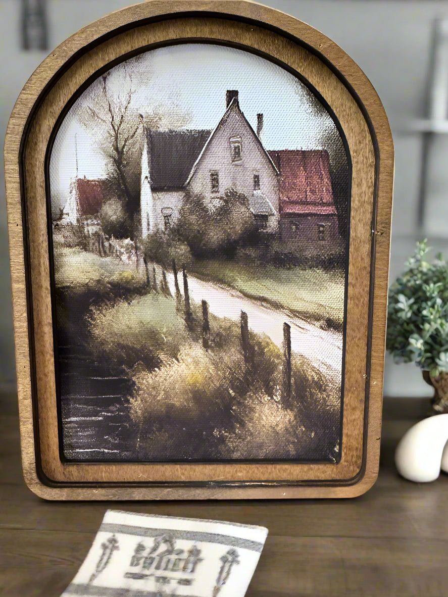 Handcrafted Retro 8&quot; Canvas on Wood Dirt Lane Farmhouse Framed Art - The Primitive Pineapple Collection