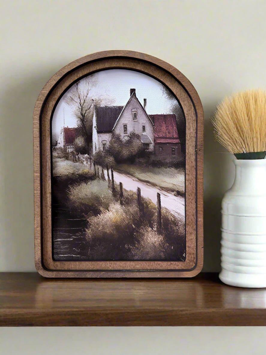 Handcrafted Retro 8&quot; Canvas on Wood Dirt Lane Farmhouse Framed Art - The Primitive Pineapple Collection