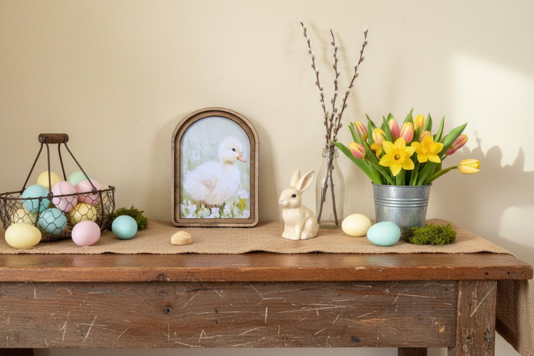 Handcrafted Spring Easter Retro 8" Canvas on Wood Fluffy Duckling Framed Art - The Primitive Pineapple Collection