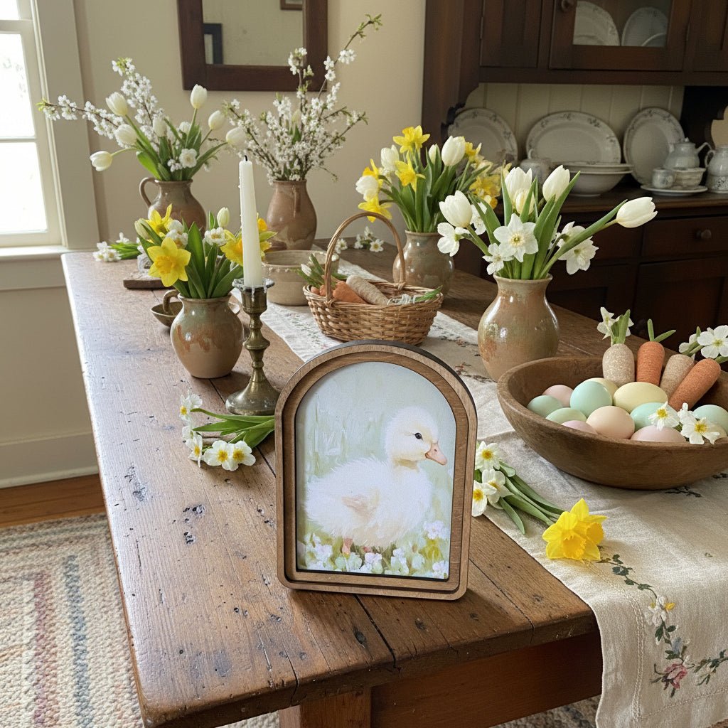 Handcrafted Spring Easter Retro 8" Canvas on Wood Fluffy Duckling Framed Art - The Primitive Pineapple Collection