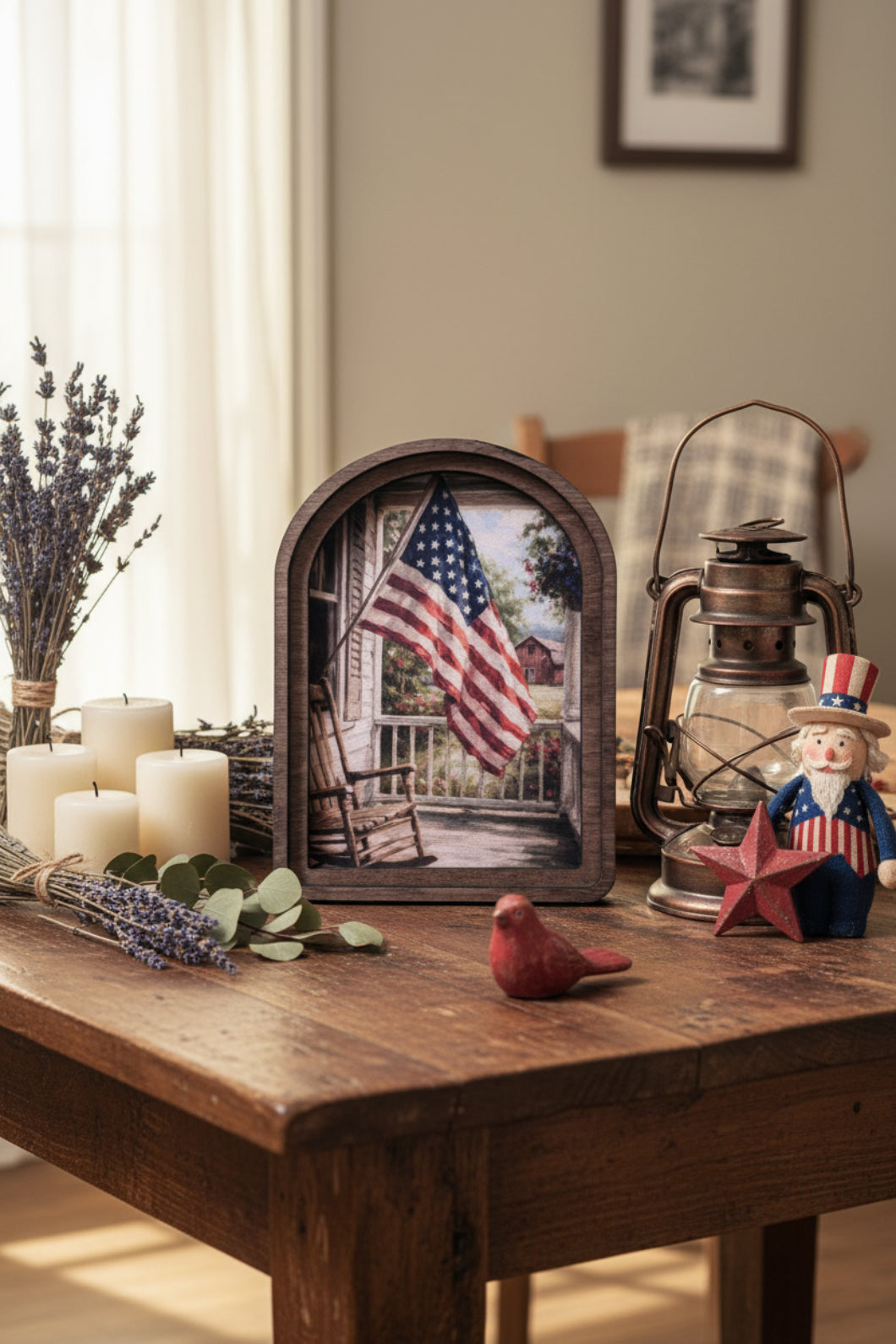 Handcrafted Retro Americana Porch Flag Canvas Arch Top Framed Art | Patriotic Primitive Décor