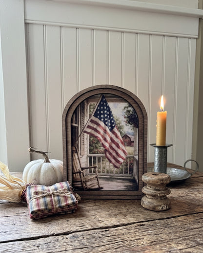 Handcrafted Retro Americana Porch Flag Canvas Arch Top Framed Art | Patriotic Primitive Décor