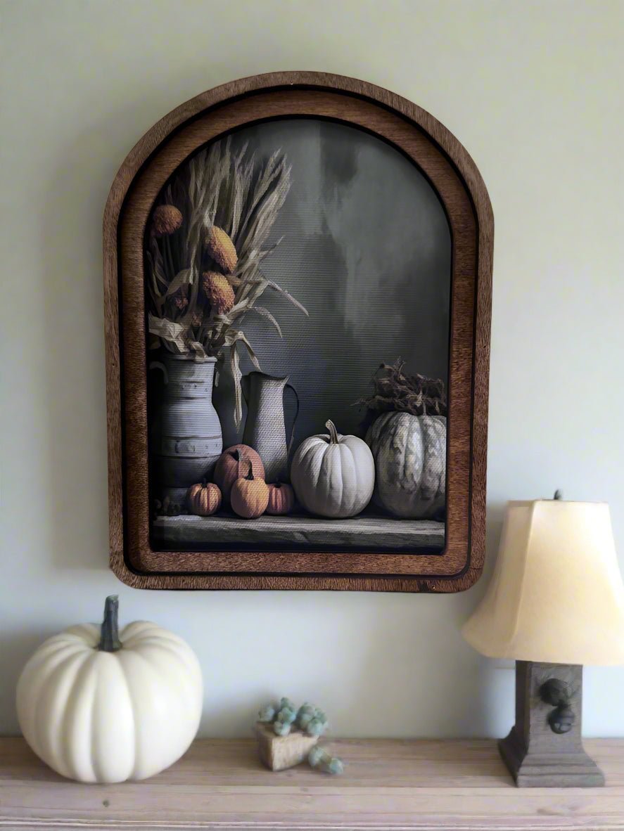 Handcrafted Retro 8&quot; Canvas on Wood Arch Top Fall Pumpkins Table Framed Art - The Primitive Pineapple Collection