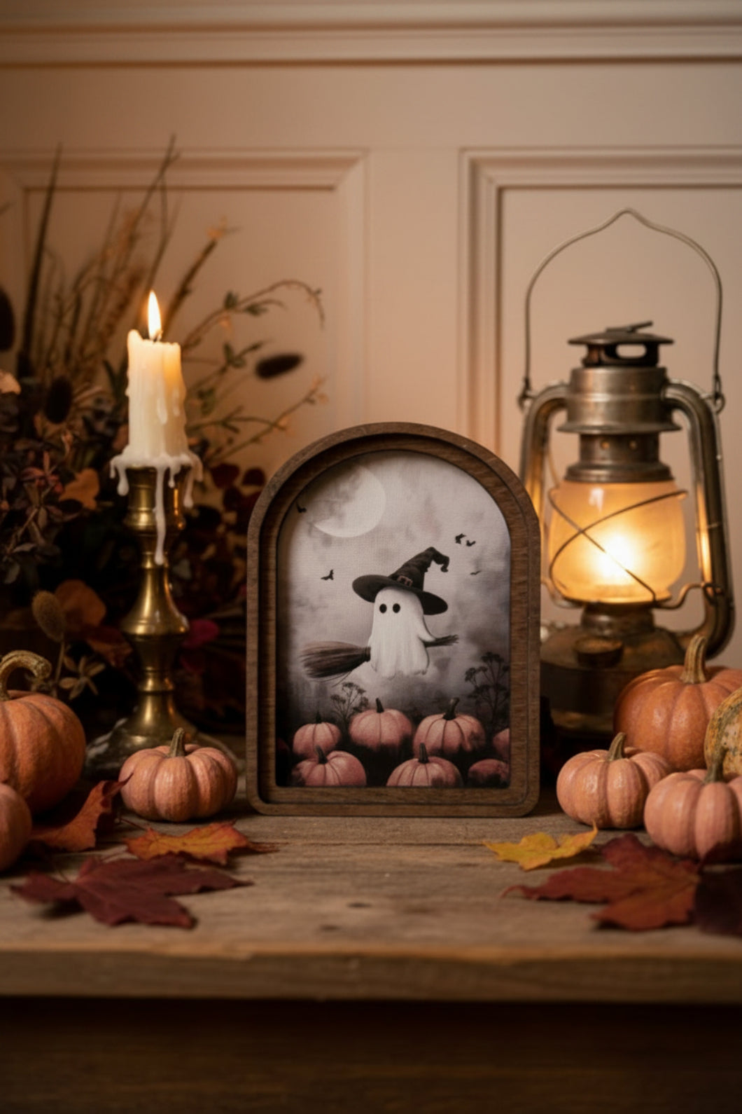 Handcrafted Retro 8" Arch Top Halloween Ghostie Witch on Broom Framed Art