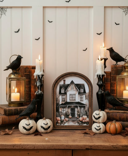 Handcrafted Retro 8" Canvas on Wood Arch Top Halloween House Framed Art