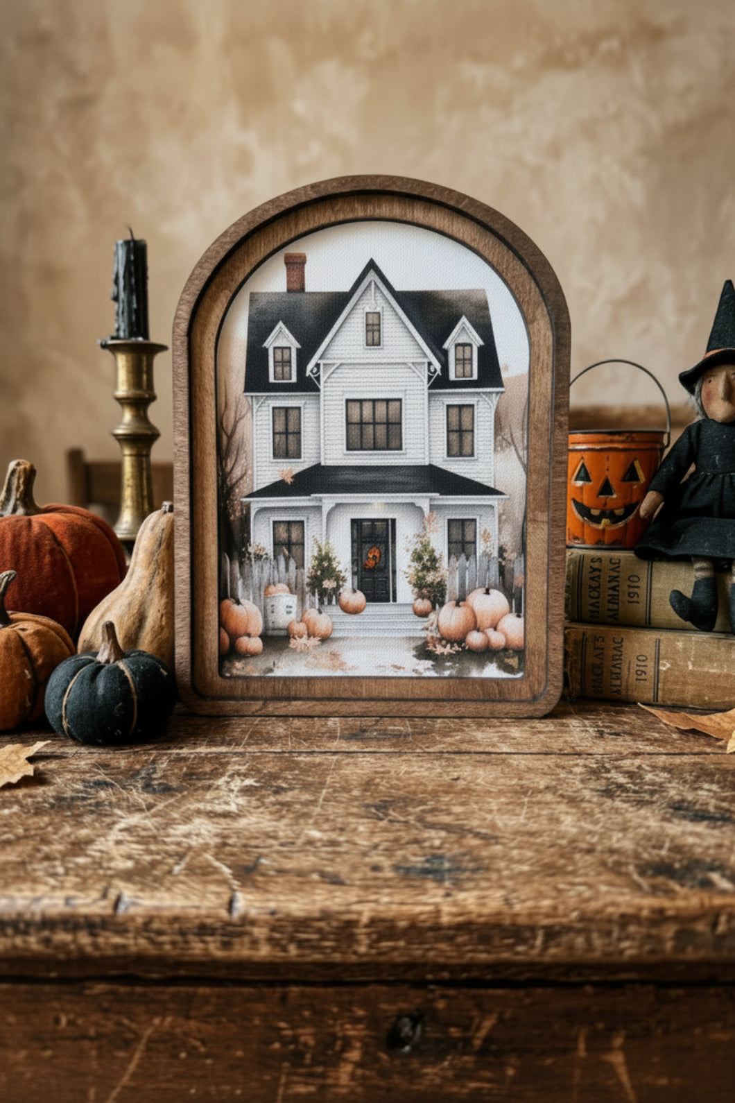 Handcrafted Retro 8" Canvas on Wood Arch Top Halloween House Framed Art