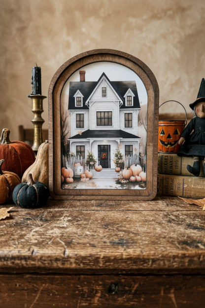 Handcrafted Retro 8" Canvas on Wood Arch Top Halloween House Framed Art