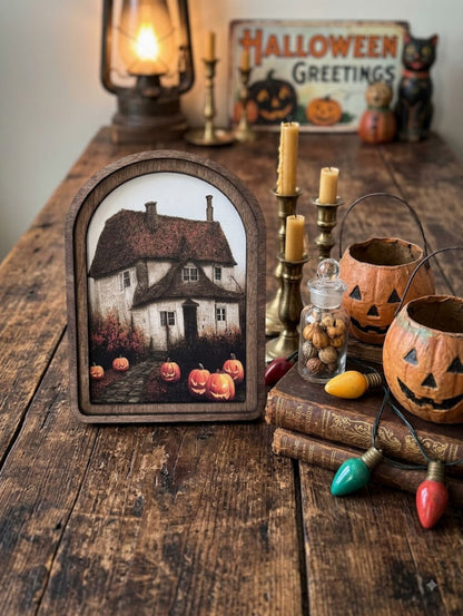 Handcrafted Retro 8" Canvas on Wood Arch Top Halloween Farmhouse Framed Art