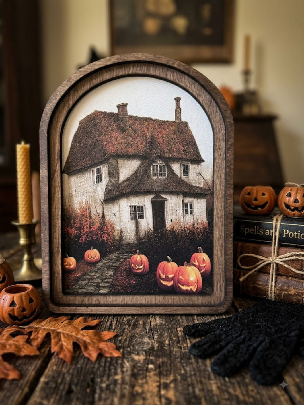Handcrafted Retro 8" Canvas on Wood Arch Top Halloween Farmhouse Framed Art