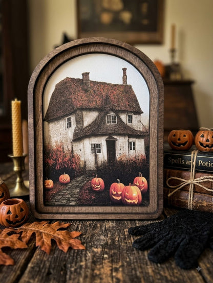 Handcrafted Retro 8" Canvas on Wood Arch Top Halloween Farmhouse Framed Art