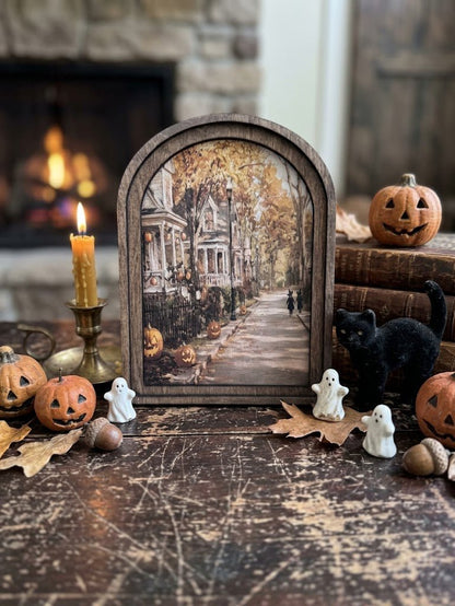 Handcrafted Retro 8" Canvas on Wood Arch Top Halloween Street Framed Art - The Primitive Pineapple Collection