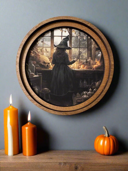 Handcrafted Retro 8&quot; Canvas on Wood 8&quot; Round Halloween Spell Casting Witch Art - The Primitive Pineapple Collection