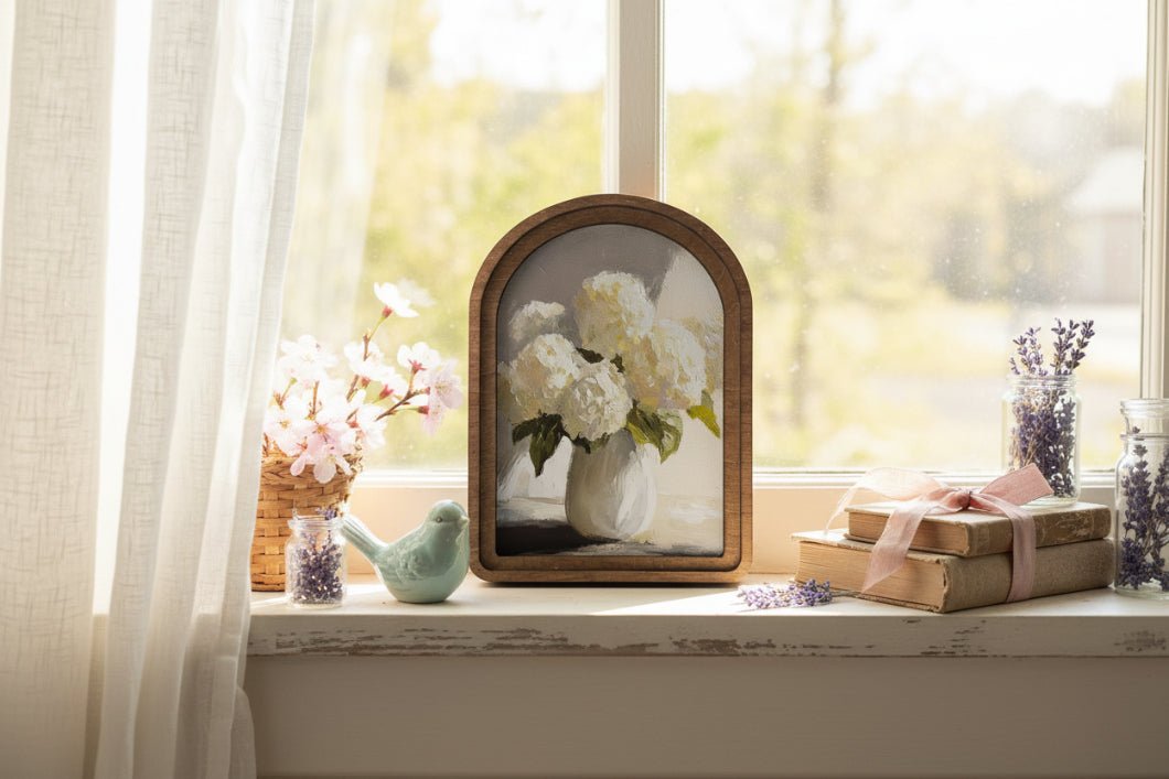 Handcrafted Retro 8" Canvas on Wood Arch Top Hydrangea Vase Framed Art - The Primitive Pineapple Collection
