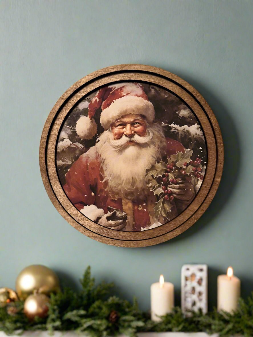 Handcrafted Retro 8" Canvas on Wood Christmas Jolly Santa Claus Framed Art - The Primitive Pineapple Collection