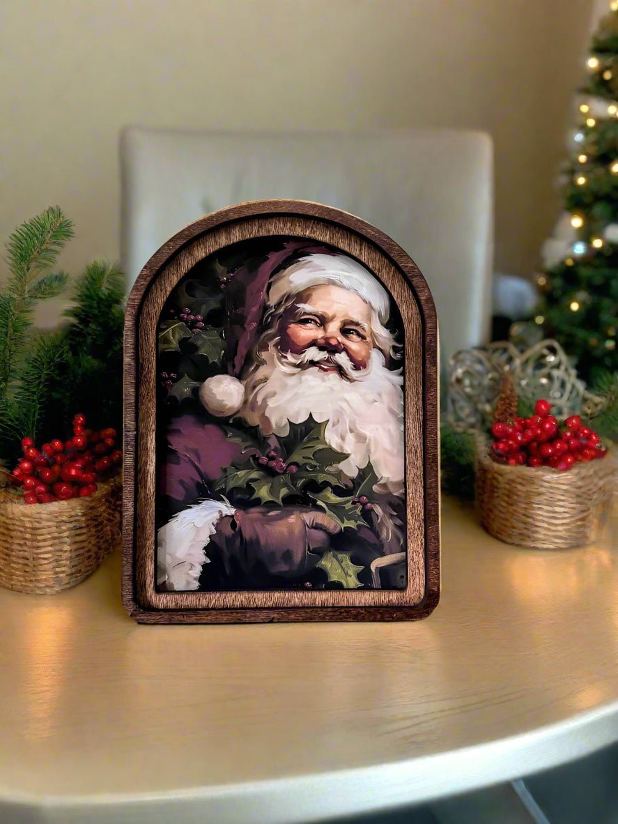 Handcrafted 8&quot; Canvas on Wood Christmas Arch Top Vintage Santa Framed Art - The Primitive Pineapple Collection