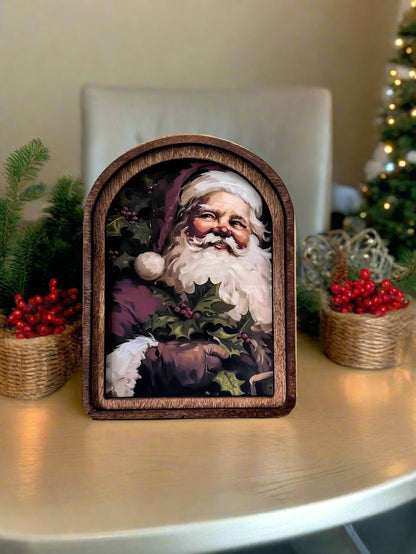 Handcrafted 8&quot; Canvas on Wood Christmas Arch Top Vintage Santa Framed Art - The Primitive Pineapple Collection