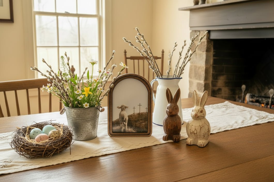 Handcrafted Retro 8" Canvas on Wood Spring Easter 3 Crosses Lamb Framed Art - The Primitive Pineapple Collection