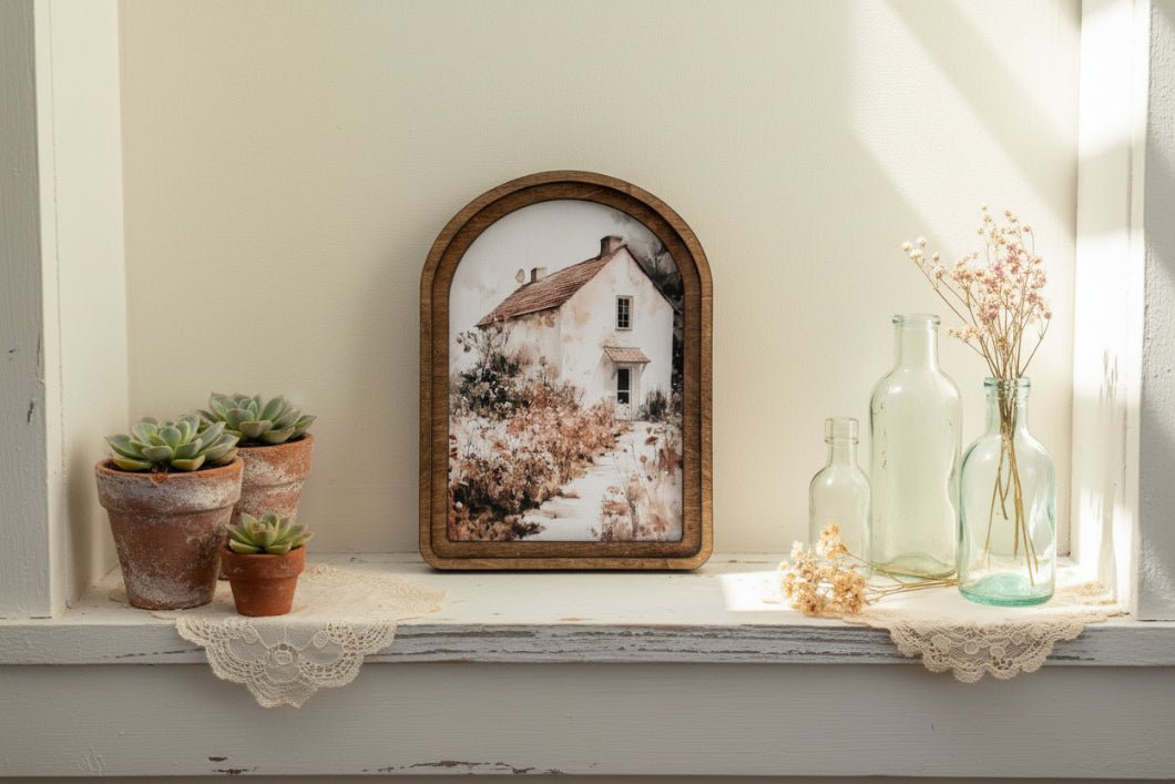 Handcrafted Retro 8" Canvas on Wood Arch Top Muted Cottage Framed Art - The Primitive Pineapple Collection