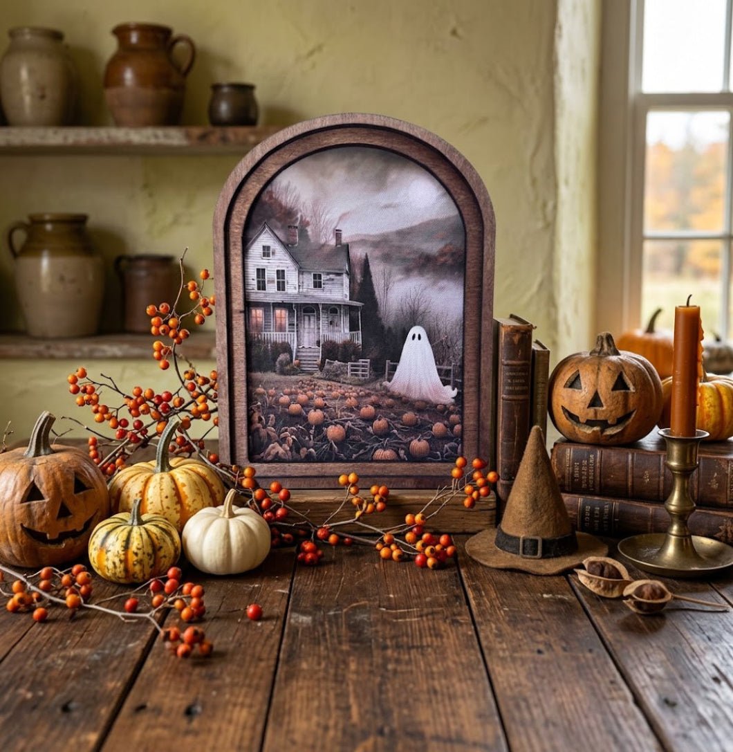 Handcrafted Retro 8" Halloween Arch Top Moody Ghost House Framed Art - The Primitive Pineapple Collection