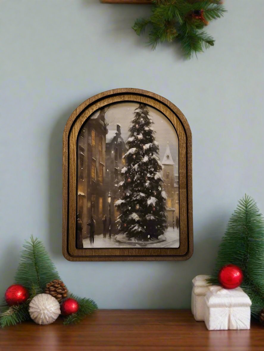 Handcrafted Retro 8" Canvas on Wood Christmas Holiday Tree on Main Street Framed Art - The Primitive Pineapple Collection