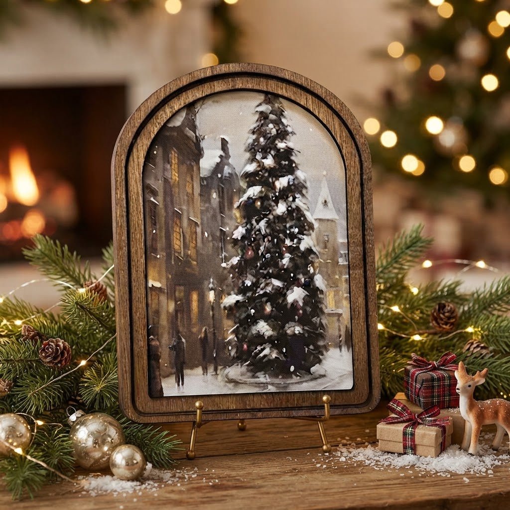 Handcrafted Main Street Christmas Tree Framed Canvas Art, 6" x 8" - The Primitive Pineapple Collection