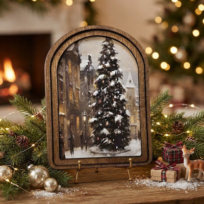 Handcrafted Main Street Christmas Tree Framed Canvas Art, 6" x 8" - The Primitive Pineapple Collection