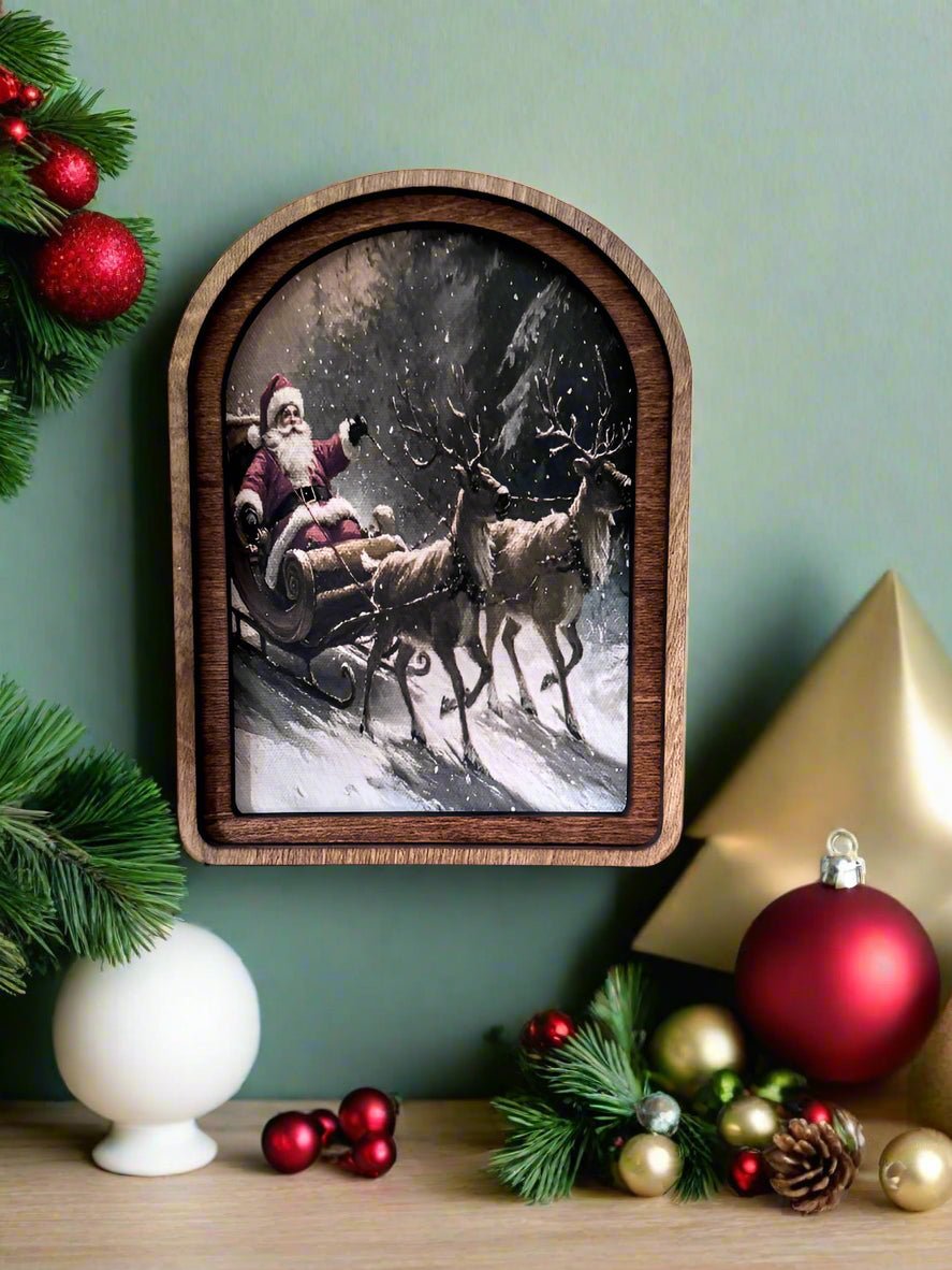 Handcrafted 8&quot; Canvas on Wood Christmas Arch Top Santa Sleigh Framed Art - The Primitive Pineapple Collection