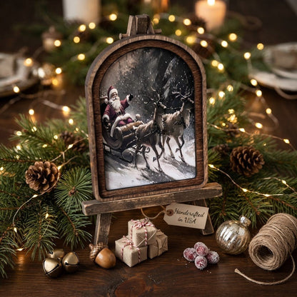 Handcrafted Santa Sleigh Arch Top Framed Canvas Art, 6" x 8" - The Primitive Pineapple Collection