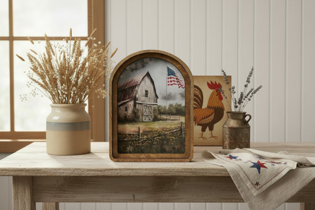 Handcrafted Retro 8" Canvas on Wood Arch Top Patriotic Homestead Framed Art - The Primitive Pineapple Collection