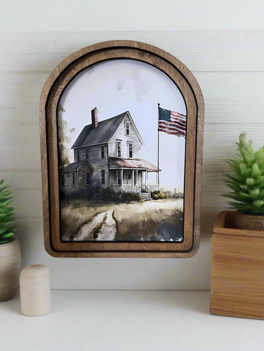 Handcrafted Retro 8&quot; Canvas on Wood Colonial Farmhouse w/ Flag Framed Art