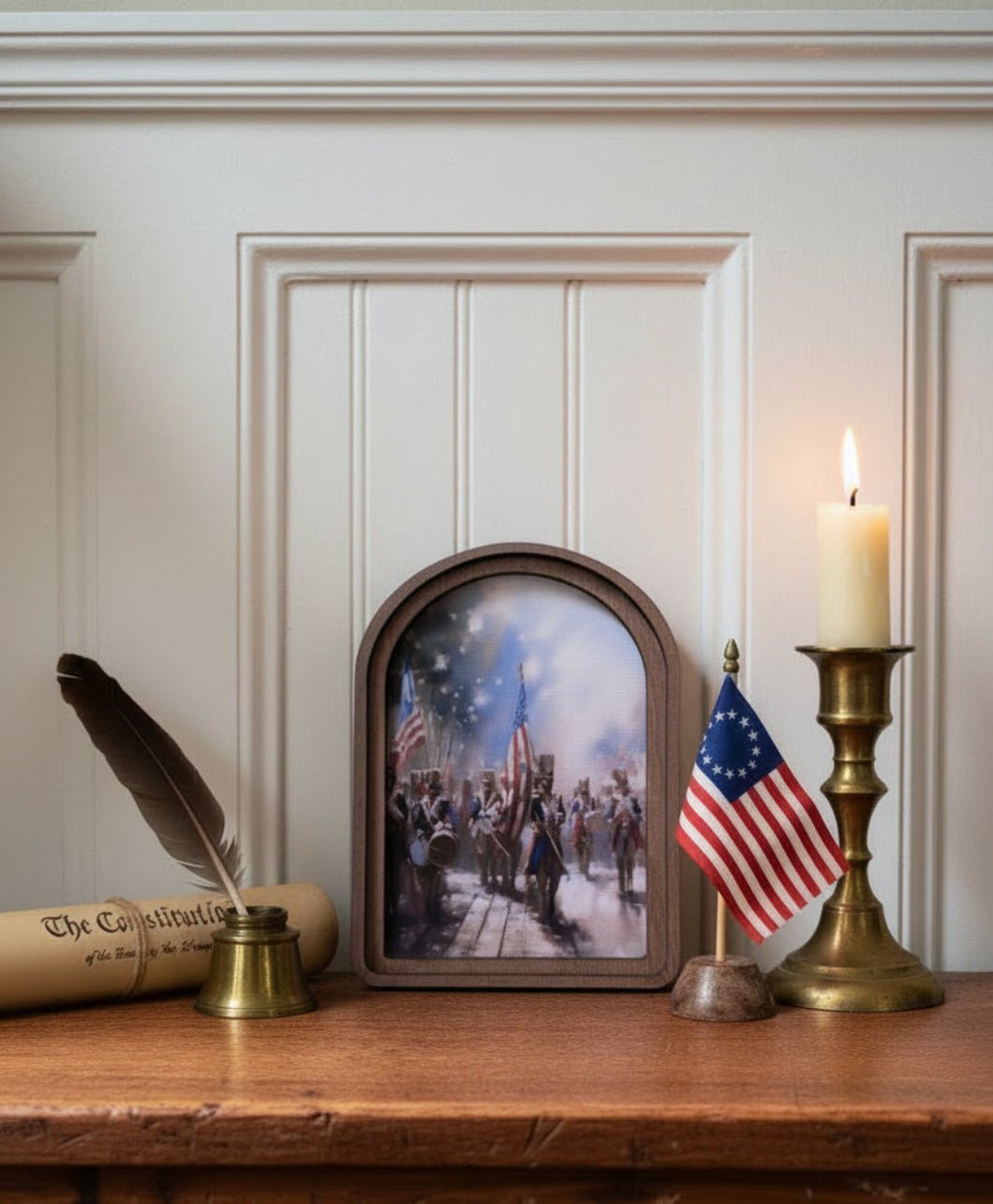 Handcrafted Retro 8" Patriotic Band Canvas Art – Primitive Wood Arch Frame - The Primitive Pineapple Collection