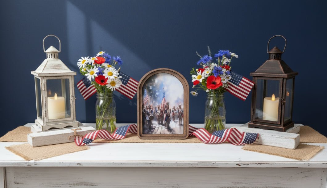 Handcrafted Retro 8" Patriotic Band Canvas Art – Primitive Wood Arch Frame - The Primitive Pineapple Collection
