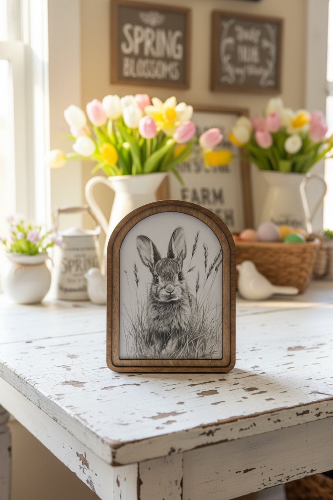 Handcrafted Spring Easter Retro 8" Canvas on Wood Bunny Sketch Framed Art - The Primitive Pineapple Collection