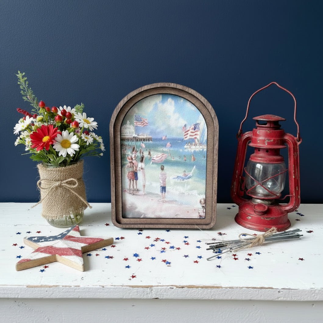 Handcrafted Retro 8" Patriotic Beach Scene Canvas Art – Primitive Wood Arch Frame - The Primitive Pineapple Collection