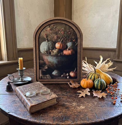 Handcrafted Retro 8" Arch Top Autumn Pumpkins In Bowl Framed Art - The Primitive Pineapple Collection