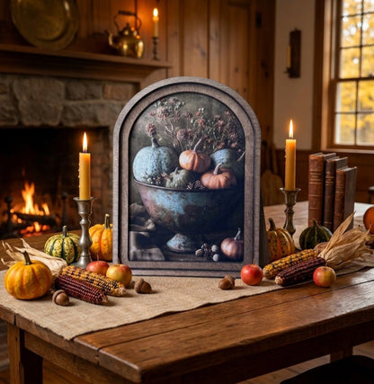 Handcrafted Retro 8" Arch Top Autumn Pumpkins In Bowl Framed Art - The Primitive Pineapple Collection