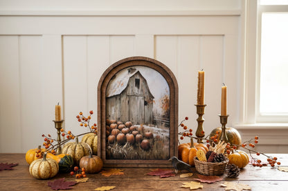 Handcrafted Retro 8" Autumn Arch Top Harvest Barn Framed Art