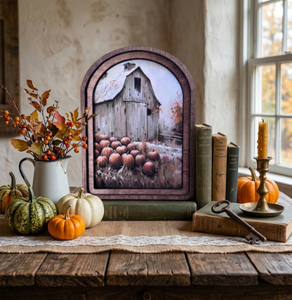 Handcrafted Retro 8" Autumn Arch Top Harvest Barn Framed Art