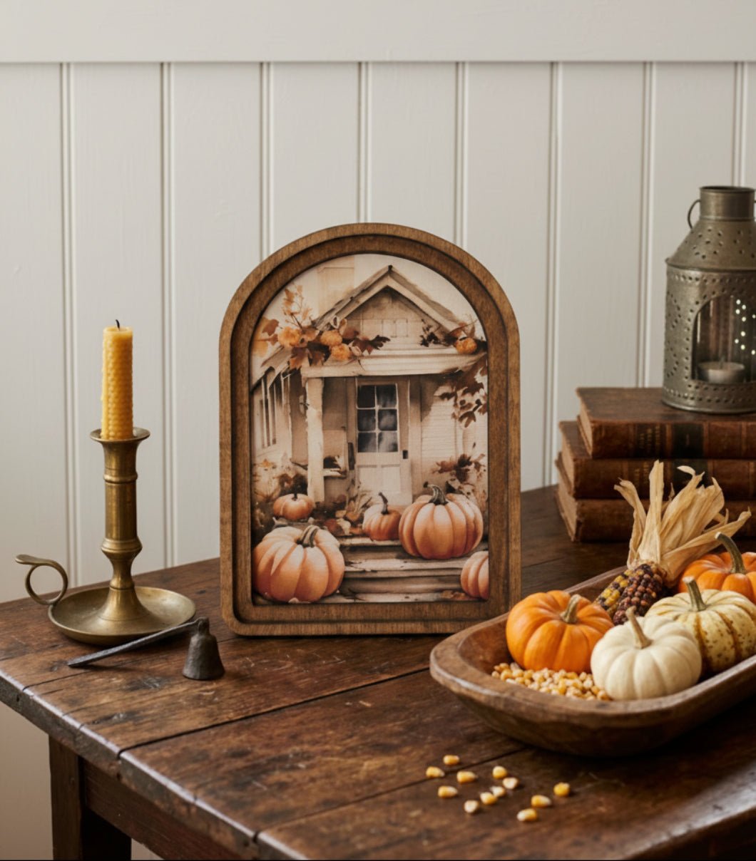 Handcrafted Retro 8" Arch Top Autumn Pumpkin Shed Framed Art - The Primitive Pineapple Collection